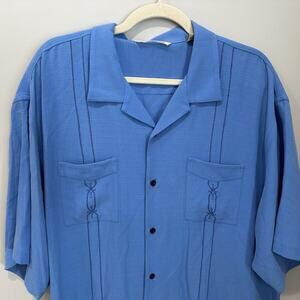 Tommy Bahama 100% Silk Hawaiian vacation 2 Pocket‎ Embroidered Shirt Blue XL